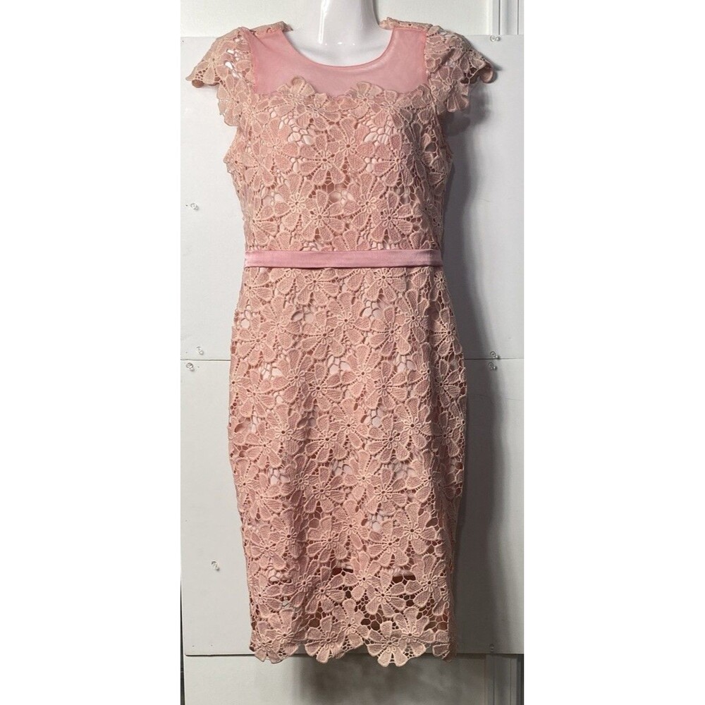 Vintage Pink Embroidered Lace Cocktail Dress Size M Lined With Back Zip